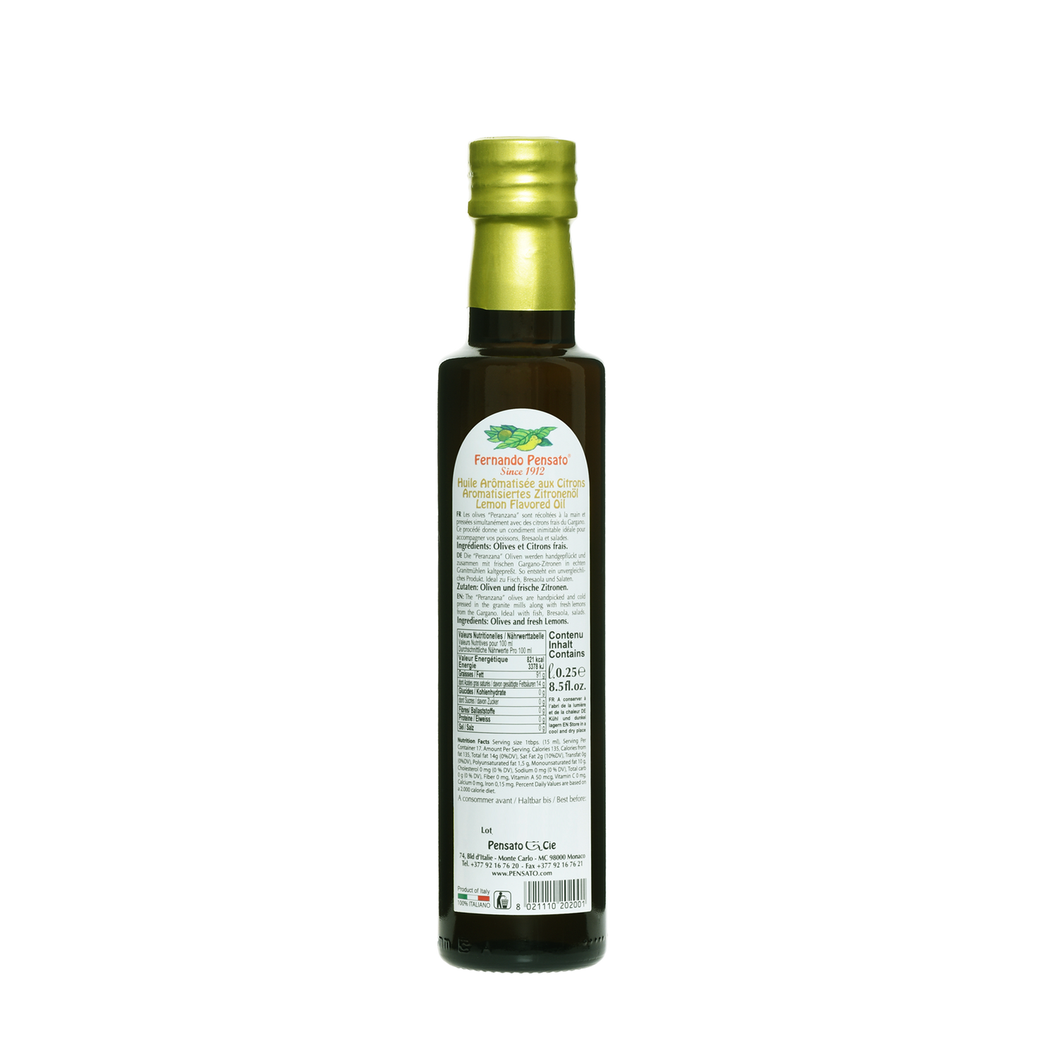 LEMON OLIVE OIL - 250ML (8.5 Oz)